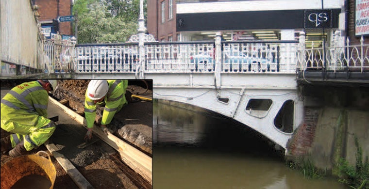 Concrete repairs with Fastfill mortar on Tonbridge’s Little Bridge 