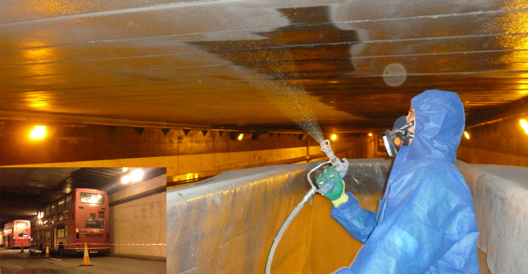 Flexcrete's asbestos encapsulation and waterproofing system was applied in the Hanger Lane Underpass with the use of two double decker buses.